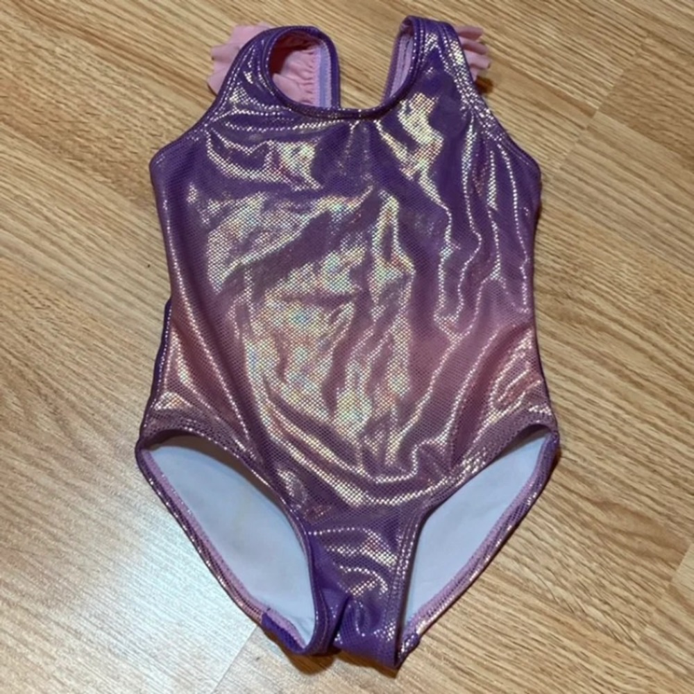 Girls Metallic Purple Pink Ombre Swimsuit‎ Ruffle Strap One Piece Bathing Suit